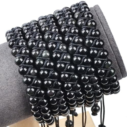 MASSIVE BEADS Double Layer Natural Chakra Healing Power Crystals Macrame Bracelet Yoga Stone Beads Gemstone Meditation Relax Anxiety Bangle for Unisex Women Men - color: Black Obsidian, size: 4mm
