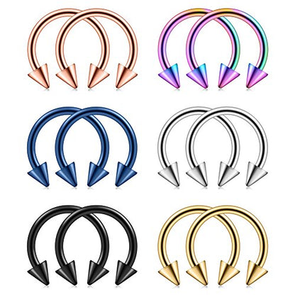 12PCS 14G Surgical Steel Nose Septum Horseshoe Hoop Earring Eyebrow Tragus Lip Piercing Ring - style: 12mm w Spikes