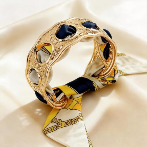 Gold Cuff Bracelets for Women, Boho Western Scarf Bracelet with Ribbon Bow, Adjustable Open Bangle Hair Tie Bracelet, Blue Paisley Bandana Wrist Cuff, Stainless Steel Vacation Festival Jewelry - color: a5:pink