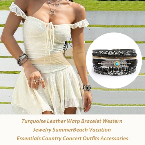 Long tiantian Boho Western Bracelets for Women Leather Wrap Bracelets Turquoise Bracelet Western Jewelry Country Concert Outfits - color: A5:black