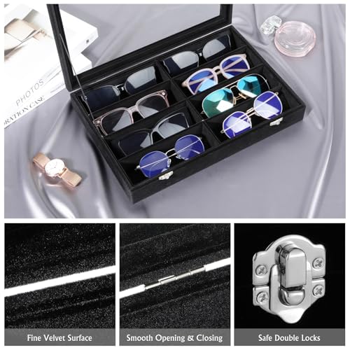 Emibele Glasses Organizer Jewelry Tray, 8 Grids with Clear Lid Velvet Tray Watch Storage Stackable Jewelry Showcase Display Storage with Detachable Inner Dividers, Black | Dustproof Clear Lid Velvet Tray Watch Storage Jewelry Showcase Display Storage with