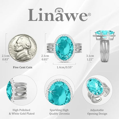 Linawe Costume Jewelry Adjustable Cocktail Ring for Women | Copper, Rhinestone, Cubic Zirconia, Oval, Fake Diamond, Crystal, Stone, Birthstone, Gemstone, Big, Chunky, Statement - color: White Blue