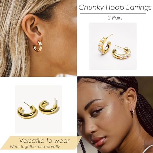 NIXMAX Gold/Silver CZ Dangle Hoop Earrings Set for Women Drop Earrings | 14K Gold Silver Plated，Cartilage Earrings Stack Set for Multiple Piercing,Huggie Earrings,Hypoallergenic,Jewelry Gifts - style: GD-pearl hoop set-2 Pairs