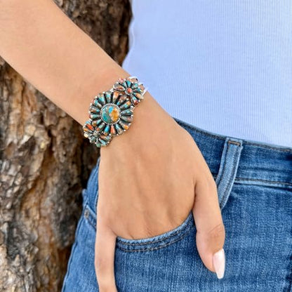 Southwest Style Genuine Gemstones 925 Sterling Silver Cluster Bracelet - color: Spiny Turquoise