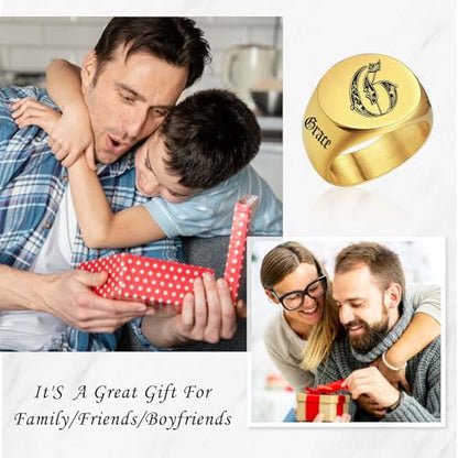 Custom Signet Ring for Men Personalized Initial Ring Custom Mens Rings Engraved Ring Customized Memorial Graduation Gifts for Father Husband Boyfriend Friends - color: Round Gold