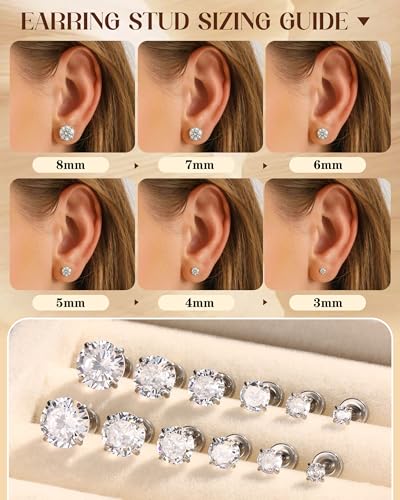ORAZIO 6Pairs Hypoallergenic Flat Back Earrings 316L Stainless Steel Studs for Sensitive Ears, 3-8mm Cubic Zirconia, Stylish Jewelry for Women Men - Silver - color: Silver Plated