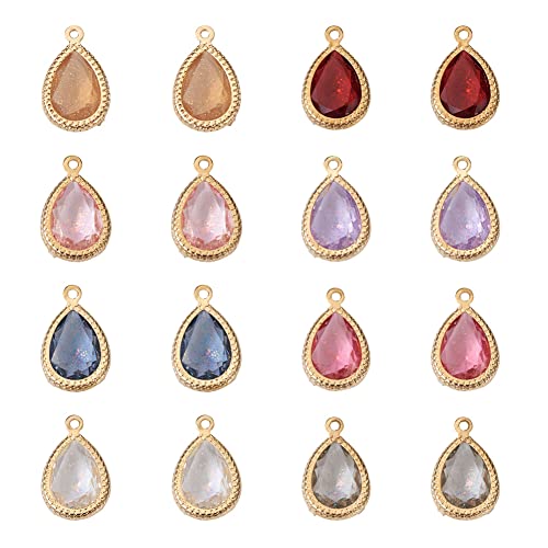 Cheriswelry 48Pcs Teardrop Resin Rhinestone Pendants with Golden Tone Brass Settings Waterdrop Faceted Rhinestone Charms with Glitter Powder 17.5mm for DIY Necklace Earring - color: 0Mixed Color*12