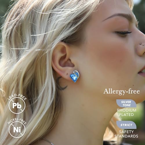 Infinity Love Heart Stud Earrings for Women, Birthstone and Healing Stone, Gifts for Mom, Wife, and Her, Silver Plated - color: 03-March & December-Light Sapphire Blue