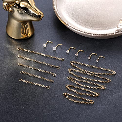 PunkTracker 20G Nose Rings 2mm 2.5mm 3mm CZ Nose Studs | with Chains Surgical Steel Nose Piercing Jewelry Nose Ring Studs - style: Gold, L-Shape