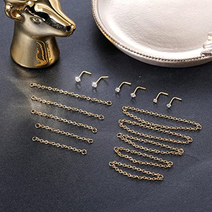 PunkTracker 20G Nose Rings 2mm 2.5mm 3mm CZ Nose Studs | with Chains Surgical Steel Nose Piercing Jewelry Nose Ring Studs - style: Gold, L-Shape