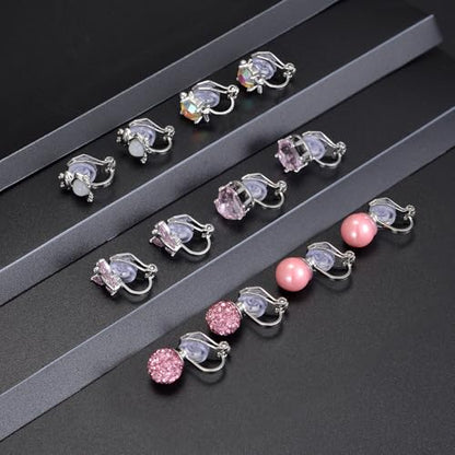 Tornito 10-15 Pairs Clip on Stud Earrings Non Pierced Teardrop Round Square CZ Pearl Twist Knot Flower Butterfly Heart Star Rainbow Cat Opal Clip on Earrings for Women - color: E: 10 Pairs