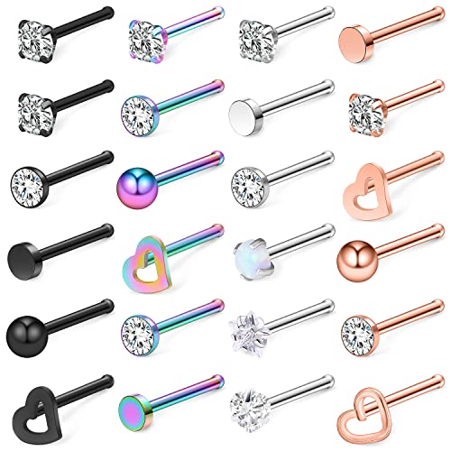 18G 20G Nose Rings Piercings Hypoallergenic Nose Studs 316L Surgical Steel Heart Nose Rings L Shaped Straight Screw Nose Piercing Jewelry for Women Men Silver Black Rose Gold Colorful - color: 18G Mix Color-Straight Shaped