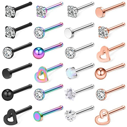 18G 20G Nose Rings Piercings Hypoallergenic Nose Studs 316L Surgical Steel Heart Nose Rings L Shaped Straight Screw Nose Piercing Jewelry for Women Men Silver Black Rose Gold Colorful - color: 20G Mix Color-Straight Shaped