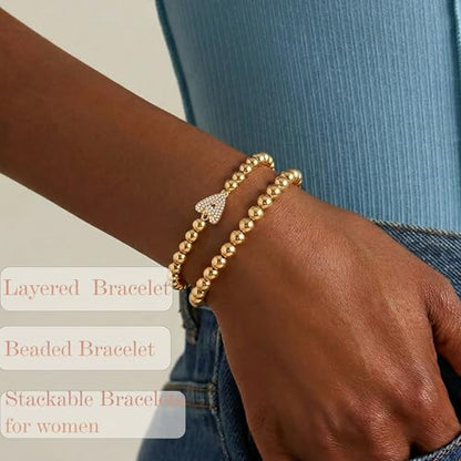 Initial Stack Bracelet Set for Women Trendy 14K Gold Plated Beaded Stackable Stacking Stretch Name Bracelets Dainty Friendship Waterproof Charm Cute Birthday Jewelry Gifts for Women - color: Initial A