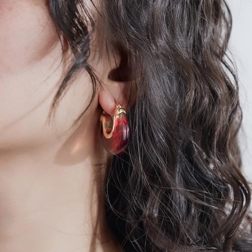 Chunky Gold Resin Hoop Earrings Leverback Statement Huggie Hoops Dangle Drop Dressy Earring Prom Festival Vacation Jewelry for Women - color: Burgundy, size: Drop