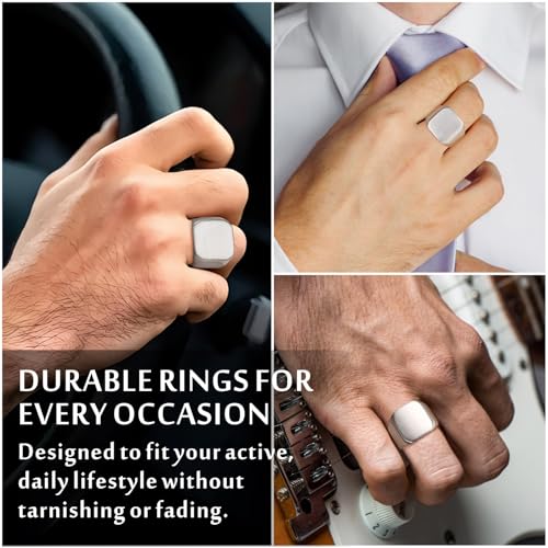 Men's Stainless Steel Square Biker Signet Ring, Black Silver Gold Styles | plain flat top, polished and brushed finish options, chunky profile, pinky or thumb styling, gift-ready for dad or him - color: Silver-Brushed