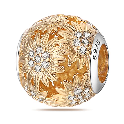 LNQOBU 925 Sterling Silver Charms for Bracelets Dangle Pendant fit Pandora Bracelets or Necklaces Jewelry Woman Gift Beads Charm (With one Spacer Beads) - style: D-Golden sunflower beads Charms