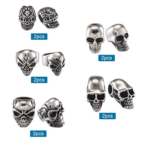 Elecrelive 10Pcs Skull Head Large Hole Beads Skeleton Skull Stainless Steel Spacer Beads 5 Styles Halloween Bracelet Charms for Gothic Bracelets Earrings Jewelry Making - color: Antique Silver-10pcs