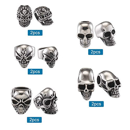 Elecrelive 10Pcs Skull Head Large Hole Beads Skeleton Skull Stainless Steel Spacer Beads 5 Styles Halloween Bracelet Charms for Gothic Bracelets Earrings Jewelry Making - color: Antique Silver-10pcs