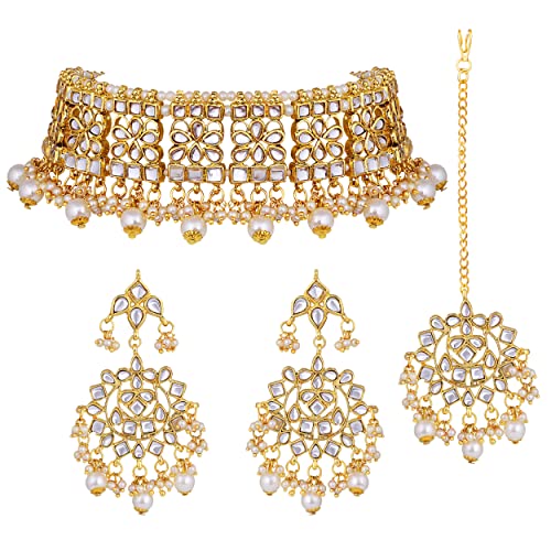 Aheli Elegant Indian Faux Kundan Studded Choker Necklace with Maang Tikka Set Ethnic Wedding Wear Bharatanatyam jewellery set Gift for Women - color: White