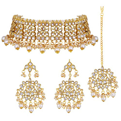 Aheli Elegant Indian Faux Kundan Studded Choker Necklace with Maang Tikka Set Ethnic Wedding Wear Bharatanatyam jewellery set Gift for Women - color: White