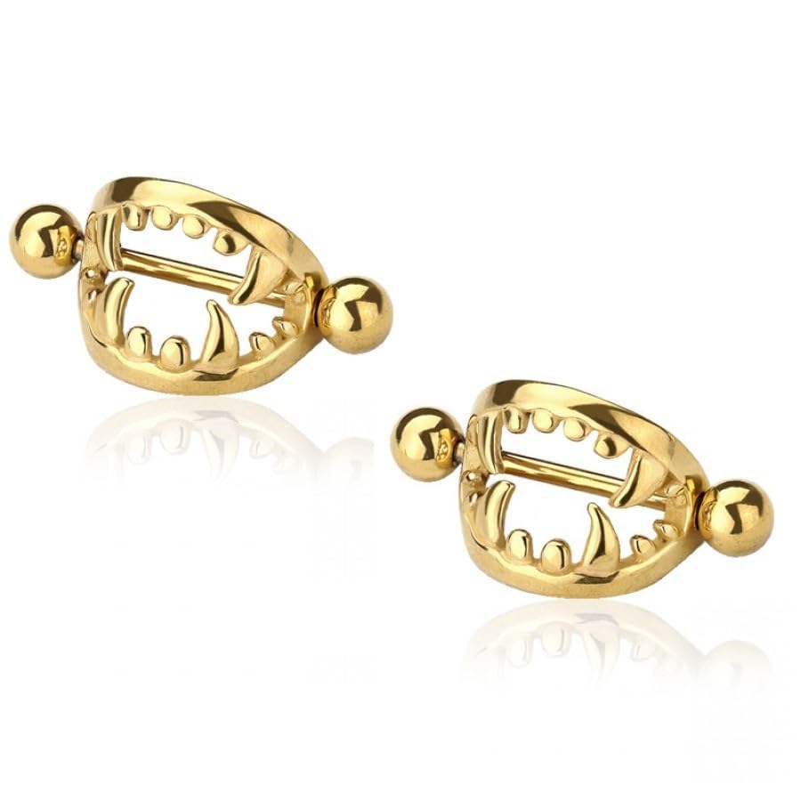 Pierced Owl 14GA 316L Stainless Steel Fang Nipple Shields, Sold as a Pair - style: Gold Tone