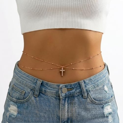 Alloy Waist Chain for Women, Adjustable Body Chain Belt, Layered Bikini Belly Chain, Jewelry for Beach Wear, Summer, Wedding, Festival, Party and Concert - color: Beaded Cross Chain