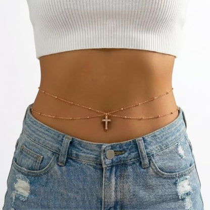 Alloy Waist Chain for Women, Adjustable Body Chain Belt, Layered Bikini Belly Chain, Jewelry for Beach Wear, Summer, Wedding, Festival, Party and Concert - color: Beaded Cross Chain