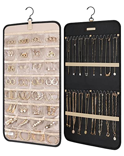BAGSMART Hanging Jewelry Organizer Necklace/Earring/Ring 2-Sided M Black | Jewelry Storage with Hanger Metal Hooks Double-Sided Jewelry Holder on Closet, Wall, Door - color: Black, size: Medium