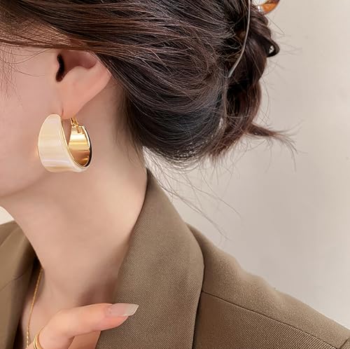 18mm Wide Thick Resin Hoop Earrings for Women Hypoallergenic Sterling Silver Pin Chunky Acrlic Geometric Lightweight Huggie Hoops Earring Retro Birthday Christmas Jewelry Boho Statement - color: Beige