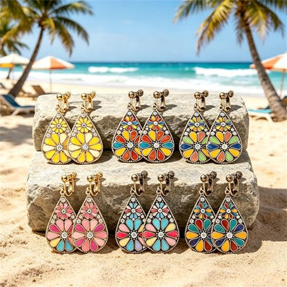 6 Pairs Bohemian Copper Crystal Teardrop Clip On Earrings for Women Handmade Colorful Enamel Floral Dangle Drop Earrings Retro Tribal Style Geometric Design Jewelry Gifts - color: Gold