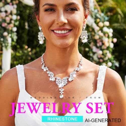 Sixexey Rhinestone Jewelry Set Crystal Necklace and Earrings Wedding Prom Jewelry Accessories for Women - color: Silver