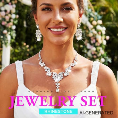 Sixexey Rhinestone Jewelry Set Crystal Necklace and Earrings Wedding Prom Jewelry Accessories for Women - color: Silver