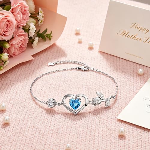 1CT Rose Heart Birthstone Bracelet for Women Love Gift - style: 03/12-Mar/Dec Light Blue Silver