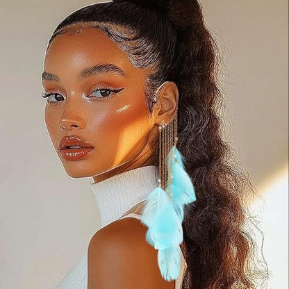 Catery Feather Earrings Long Tassel Boho Earrings Dangling Fringe Prom Jewelry for Women - color: Lake Blue