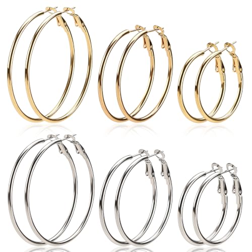 316 Stainless Steel Hoop Earrings 6 Pairs Gold Silver 30/40/50mm Sizes Set | Gold Silver Hoop Earrings for Women, 316 Stainless Steel 14K Gold Plated Hypoallergenic Lightweight Hoops Set 30/40/50mm