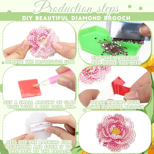 Kenning 24 Pcs Flowers Diamond Painting Brooch for Women Gifts Bulk Diamond Art Kits for Adults 5D Rhinestones Floral Lapel Pins Brooch for Beginner DIY Jewelry Crafts Wedding Party Decor