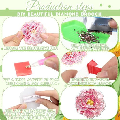 Kenning 24 Pcs Flowers Diamond Painting Brooch for Women Gifts Bulk Diamond Art Kits for Adults 5D Rhinestones Floral Lapel Pins Brooch for Beginner DIY Jewelry Crafts Wedding Party Decor