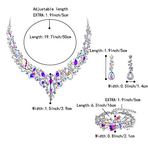 Wedding Bridal Jewelry Set for Women Bride Bridesmaids | Gorgeous Austrian Crystal Teardrop Cluster Statement Necklace Dangle Earrings Link Bracelet Set Prom Jewellery - color: 10-Iridescent AB Silver-Tone
