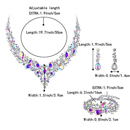 Wedding Bridal Jewelry Set for Women Bride Bridesmaids | Gorgeous Austrian Crystal Teardrop Cluster Statement Necklace Dangle Earrings Link Bracelet Set Prom Jewellery - color: 10-Iridescent AB Silver-Tone