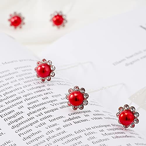 QIUTIMIY 20 Pack (Red) Pearl Crystal Hair Pins Flower Rhinestone Hair Clips for Bridal Wedding Women Hair Jewelry Accessories, with Clear Container - color: Pearl Flower-Red
