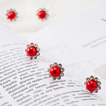 QIUTIMIY 20 Pack (Red) Pearl Crystal Hair Pins Flower Rhinestone Hair Clips for Bridal Wedding Women Hair Jewelry Accessories, with Clear Container - color: Pearl Flower-Red
