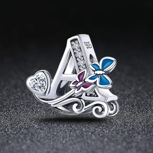 S925 Silver Butterfly Initial Letter Charms Fit for Pandora Charms Bracelets and Necklace Alphabet Bead Charms Jewelry Gifts for Women - color: A