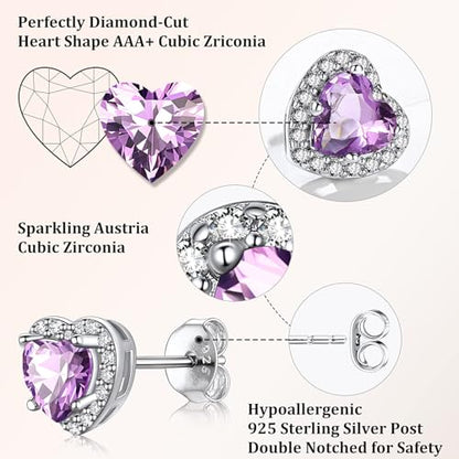 Bestyle Sparkling 925 Sterling Silver Birthstone Stud Earrings for Women, Heart/Round/Teardrop/Square Solitaire Diamond Studs Earrings, Great Birthday/Christmas Gifts - style: 06. Purple Alexandrite-June-heart