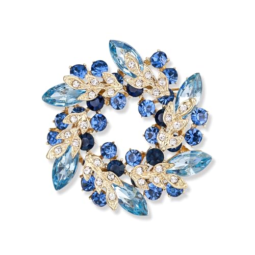 EVER FAITH Austrian Crystal Wedding Corsage Jewelry Accessory Bridal Flower Wreath Brooch Pin for Women - color: Blue Gold-Tone