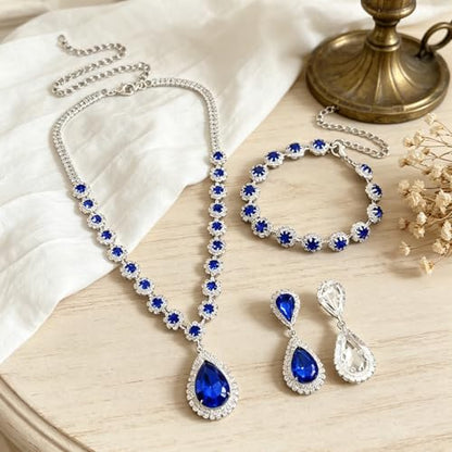 Silver Plated Necklace Earrings Bracelet Crystal Bridal Wedding Jewelry Sets for Wedding princess birthday party Halloween Prom Pageant Jewelry - color: 1-blue