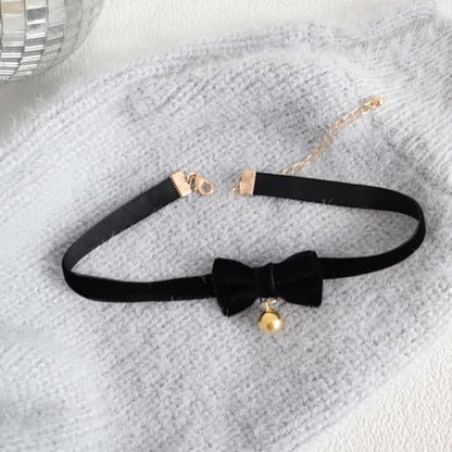 Bow Necklace for Women Dainty Velvet Ribbon Choker Necklaces Red Black Bow Choker Pearl Bell Heart Pendant Necklace Winter Holiday Necklace Cute Bow Knot Necklace for Christmas New Year Gifts - color: Gold bell