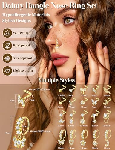 20Pcs 20G Dangle Nose Rings for Women Surgical Steel L Shaped Dangling Nose Studs Dainty Nose Ring Hoop Set CZ Heart Flower Butterfly Moon Nose Piercing Jewelry - color: Gold Clear Nose Rings