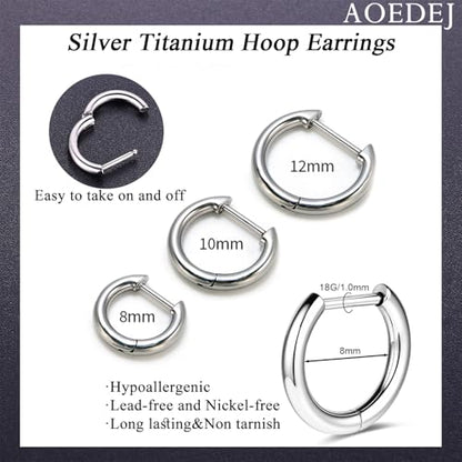 AOEDEJ G23 Titanium Black/Steel Gray/Gold Hoop Earrings 18G Small Huggie Hoop Earrings 8mm/10mm/12mm Cartilage for Sensitive Ears for Multiple Piercing Cartilage Hoop Earring Stack Jewelry - style: D shape-8mm+10mm+12mm
