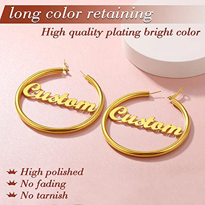 FindChic Hoop Earrings for Women, Silver/Black/14K Gold Plated Hypoallergenic Hollow Round Tube Loop Earrings, 20mm/30mm/40mm/60mm/80mm Chunky Hoops with Custom Name Options & Gift Box - color: f.Gold (Custom Name), size: 40MM